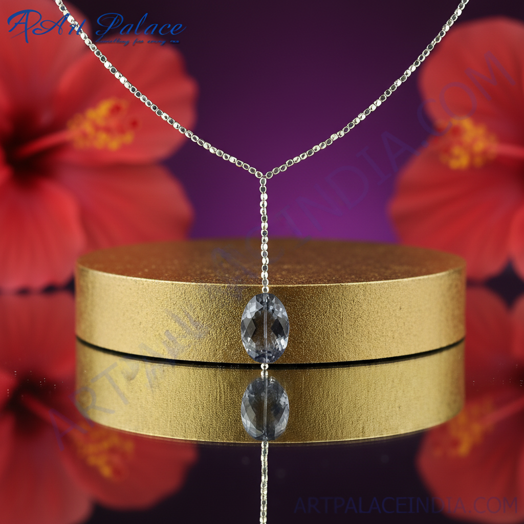 Silver Beaded Y-Necklace with Gemstone Pendant for Women