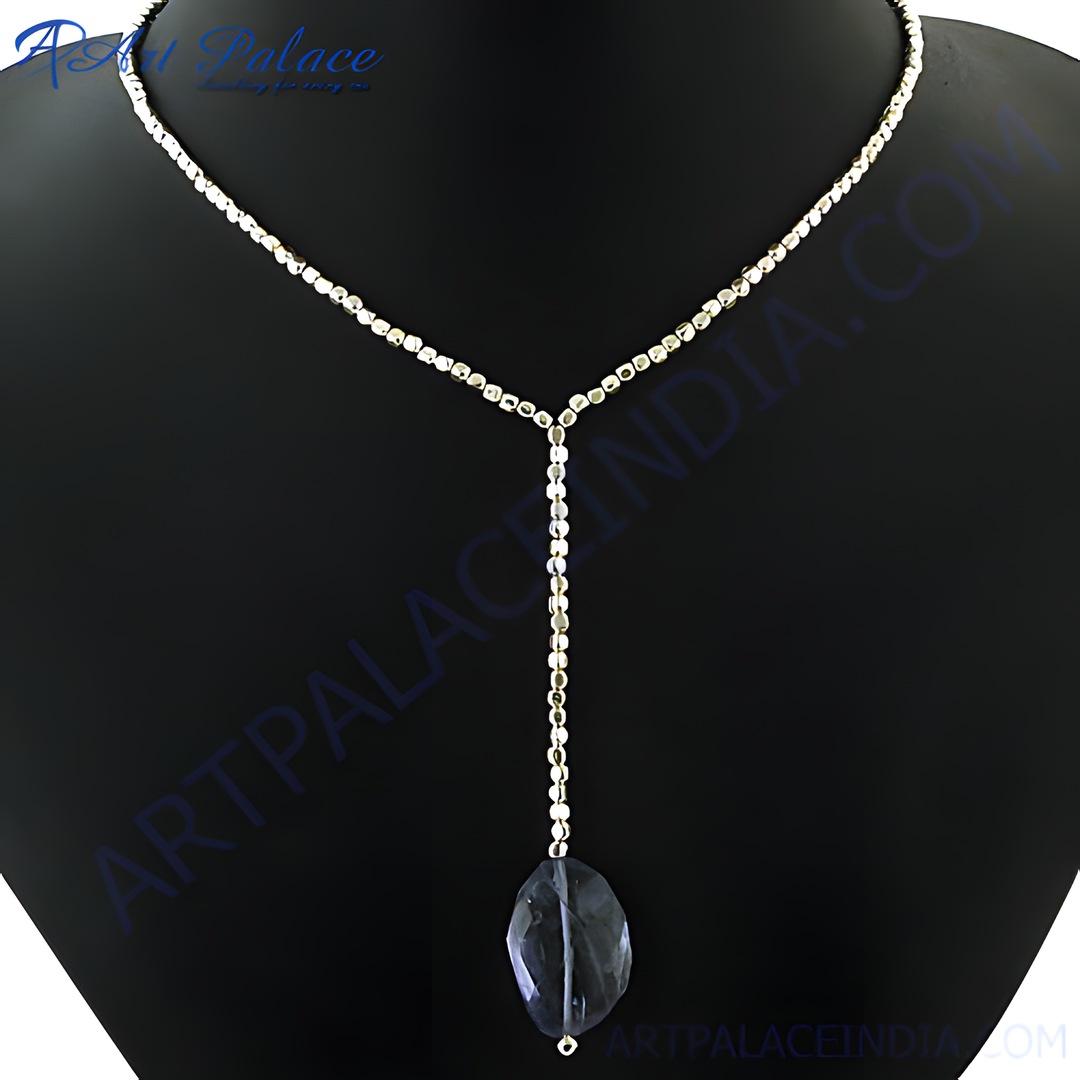 Elegant silver Y-necklace featuring a beaded chain and a teardrop-shaped gemstone pendant, perfect for women.