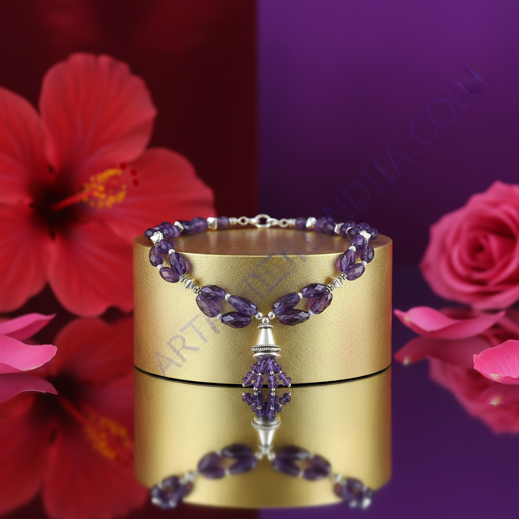 Amethyst gemstone tassel necklace | silver statement jewelry for women