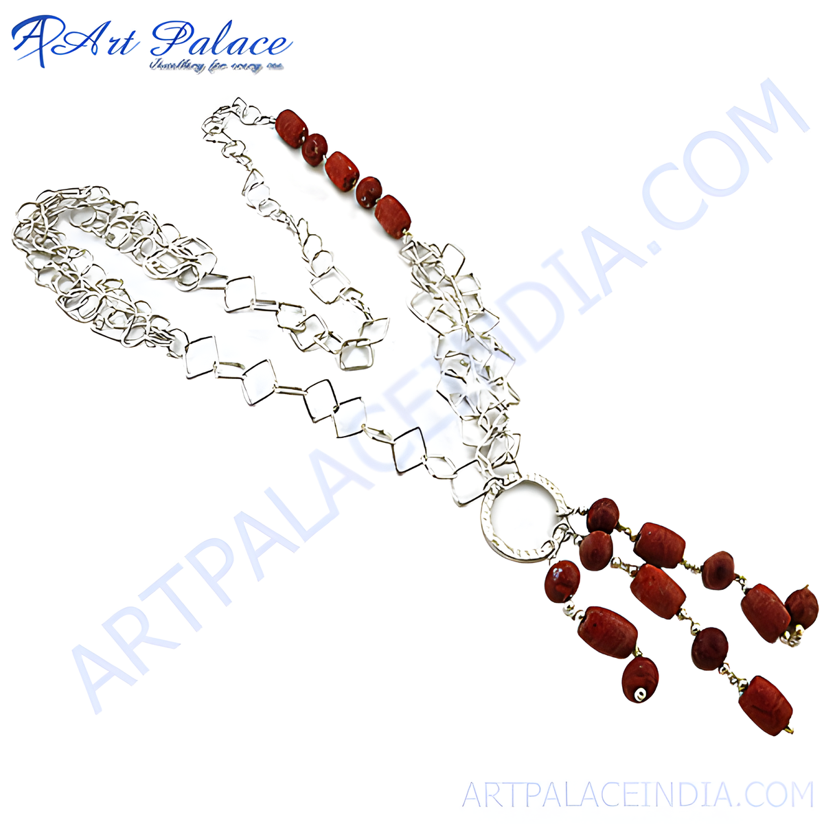 Silver chain necklace with red coral beads, a stylish jewelry piece for women