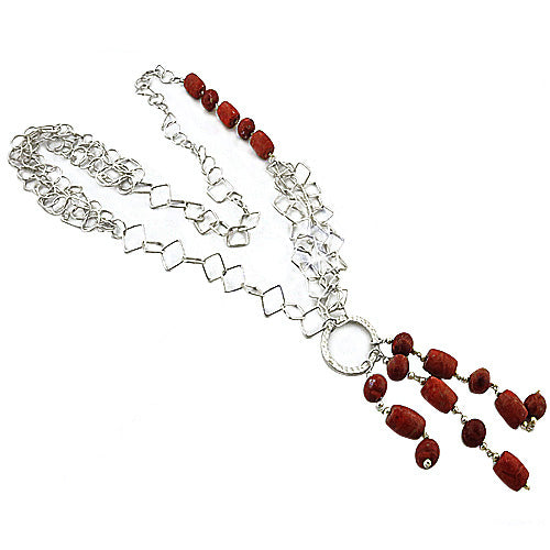 Silver Chain Necklace with Red Coral Beads | Women's Jewelry