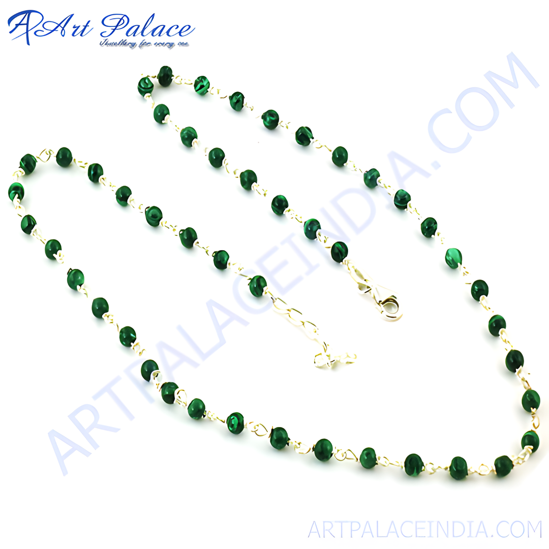 gold plating plated necklace with round green malachite beads. Elegant necklace for women.