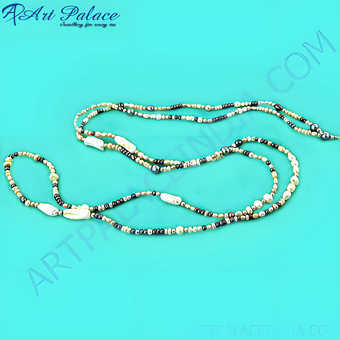 Multi-color pearl bead necklace with a variety of pearl colors and shapes against a teal background.