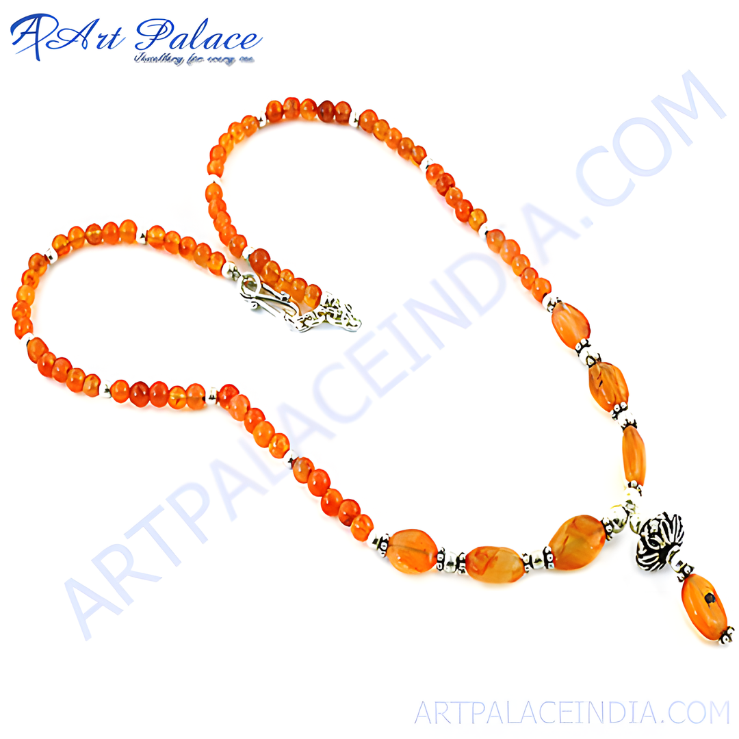 Orange gemstone bead necklace with silver accents on a white background, perfect for women's daily wear.