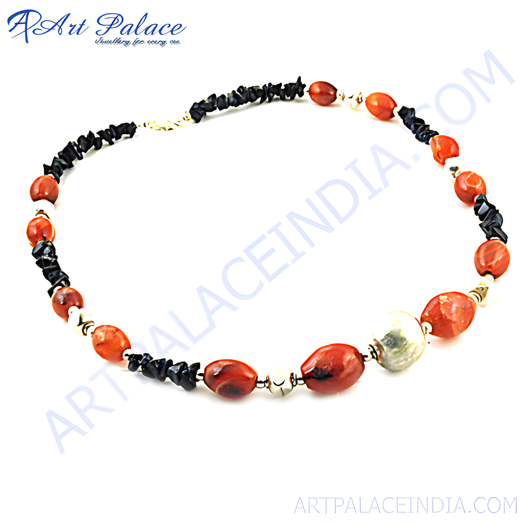 Red and black beaded gemstone necklace for women with natural stone beads.