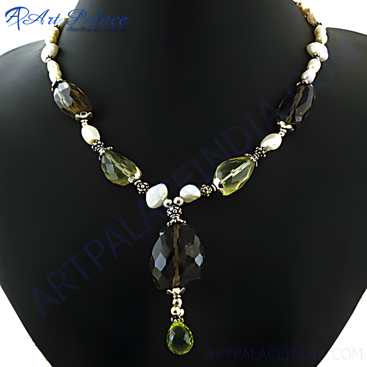 Smoky quartz and pearl necklace, featuring brown and white gemstones on a black background