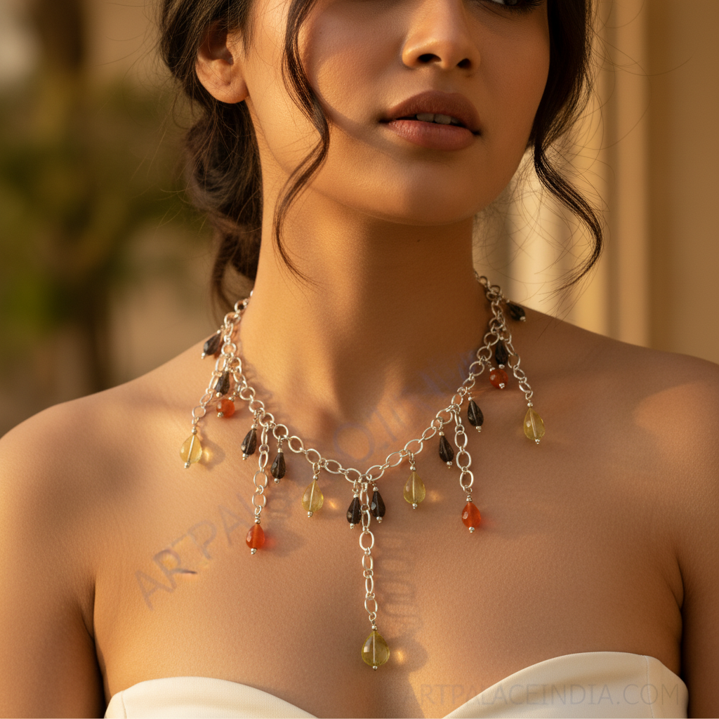 Silver Beaded Necklace with Gemstone Accents | Women's Jewelry