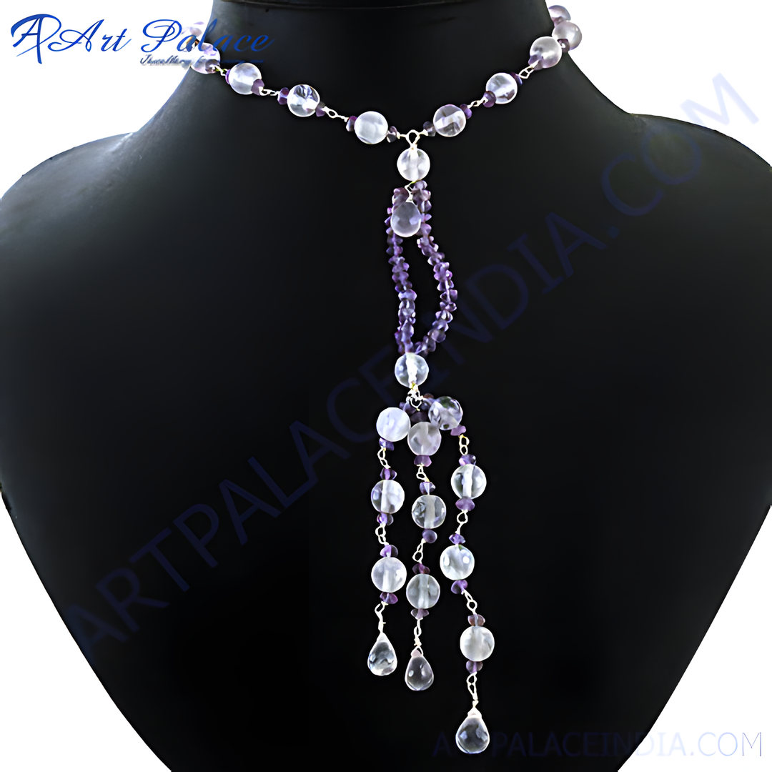 Amethyst and crystal beaded lariat necklace on a black mannequin, featuring purple and clear gemstones.