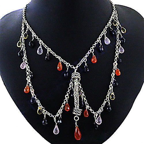 Silver Beaded Cascade Necklace with Gemstones for Women