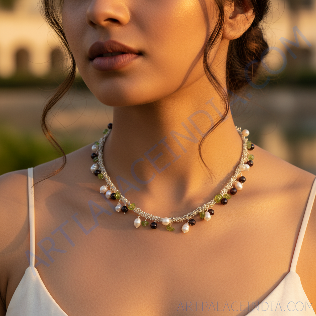 Pearl & gemstone crochet necklace | for women | handmade jewelry