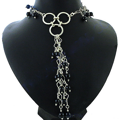Silver Beaded Lariat Necklace for Women | Black Bead Jewelry