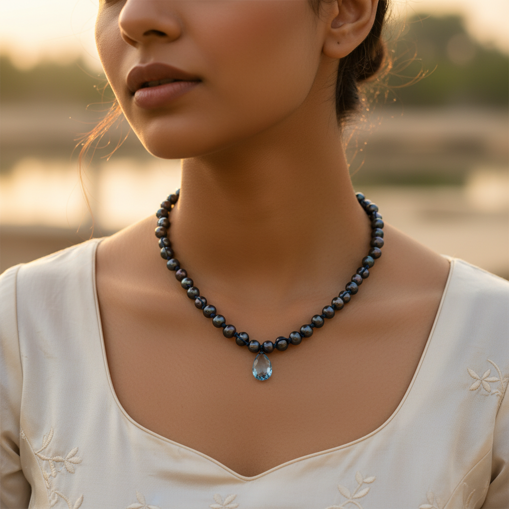 Black pearl necklace with blue topaz | women's jewelry gift