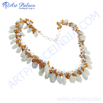 Load image into Gallery viewer, Silver necklace with white and orange gemstones. Beaded statement necklace.
