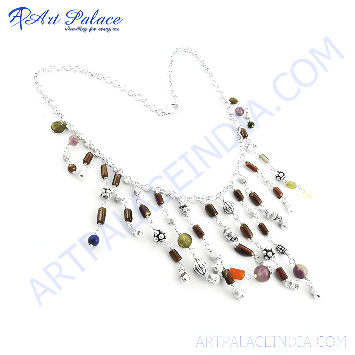 Silver necklace with various colorful gemstones and beads, ideal for women's fashion jewelry
