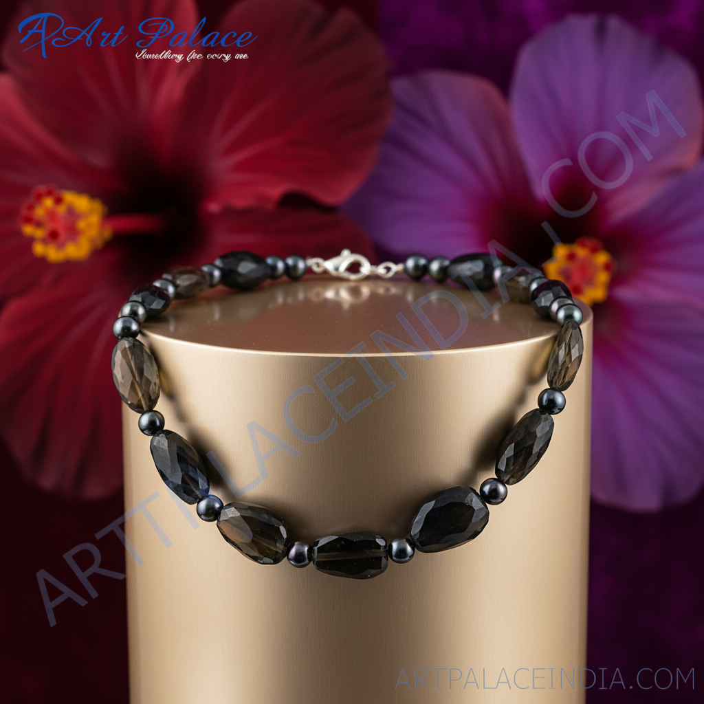 Black onyx & pearl beaded necklace for women | gemstone jewelry