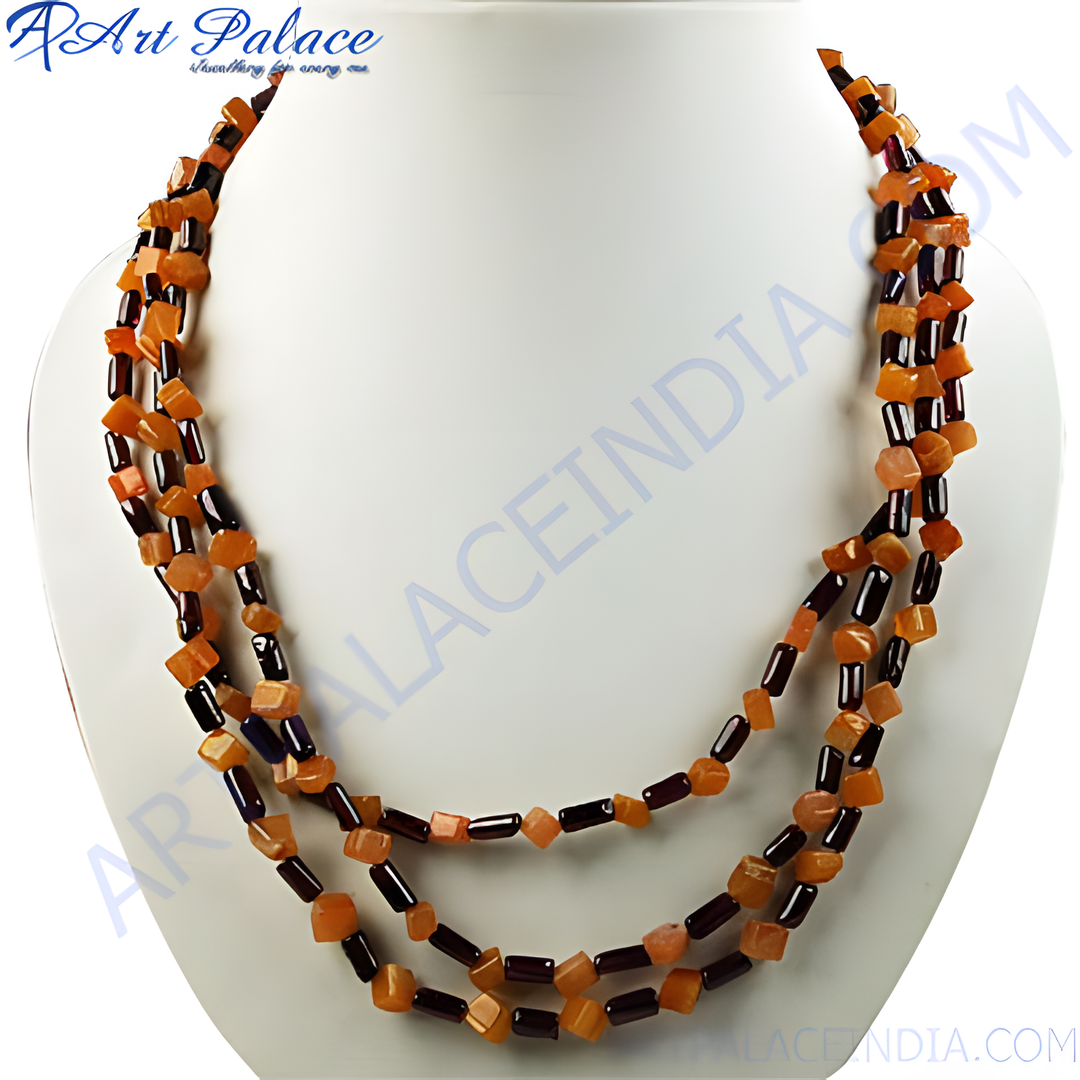 Multi-strand necklace featuring amber and garnet beads, perfect for women's gemstone jewelry.