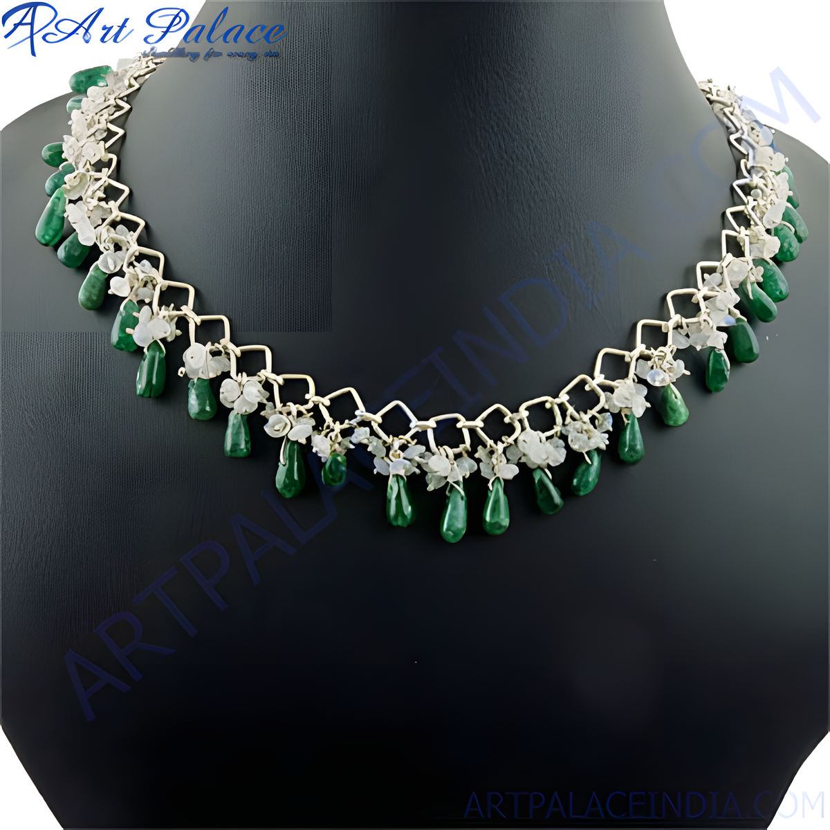Silver necklace with green emerald beads, a beautiful gemstone necklace for women