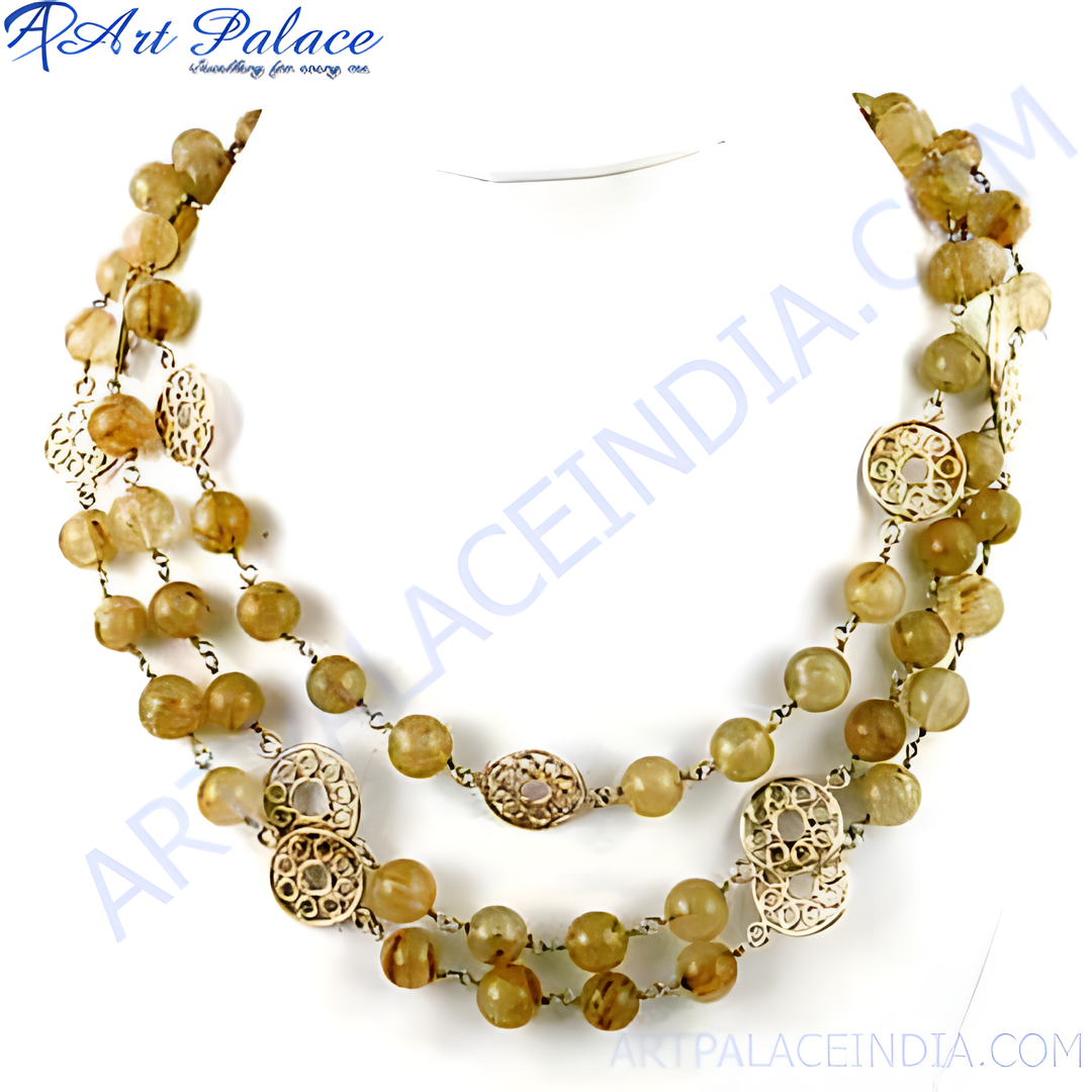 Gold tone beaded necklace with rutilated quartz gemstones, ideal for women's jewelry.