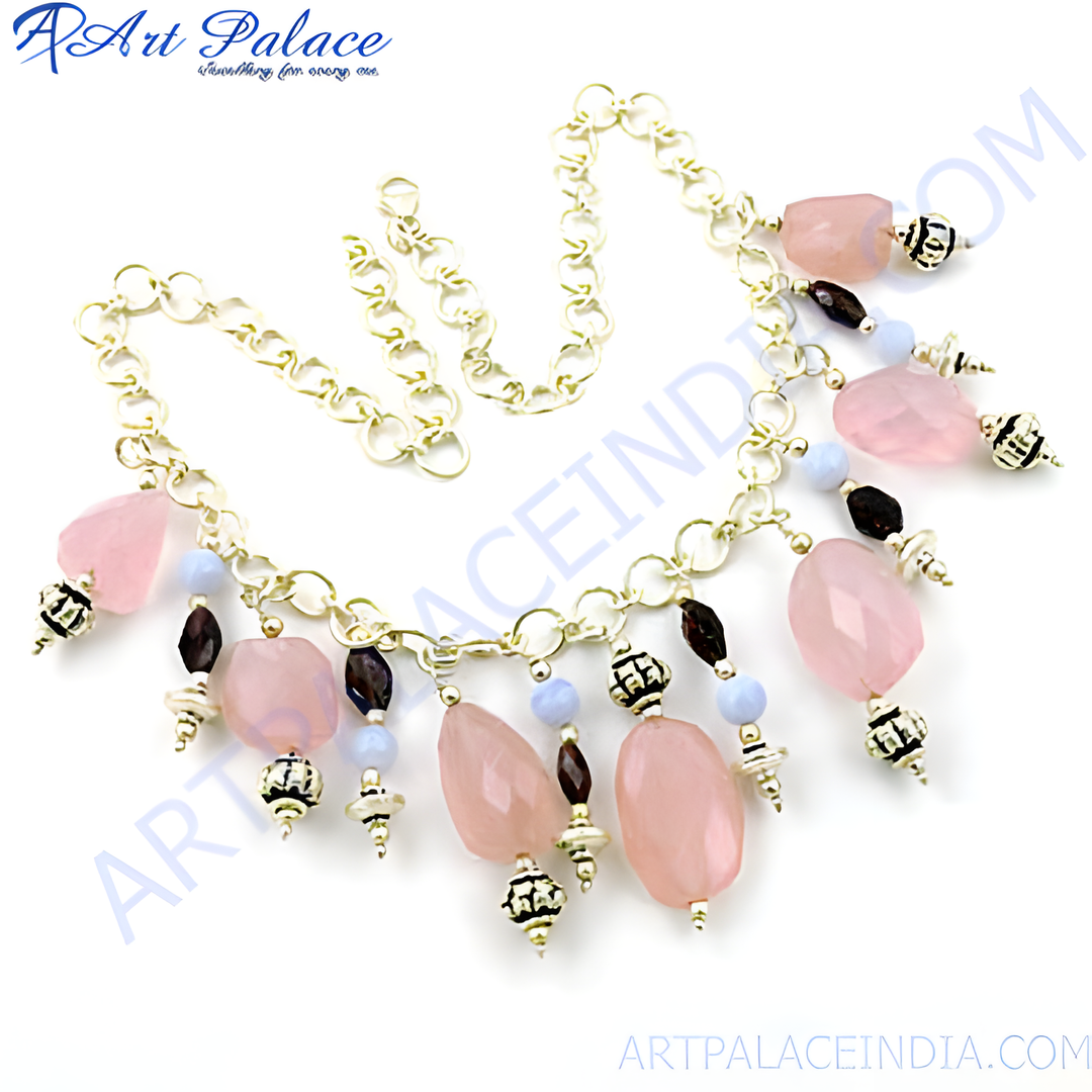 Silver necklace with rose quartz gemstones. A beautiful and elegant chain necklace.