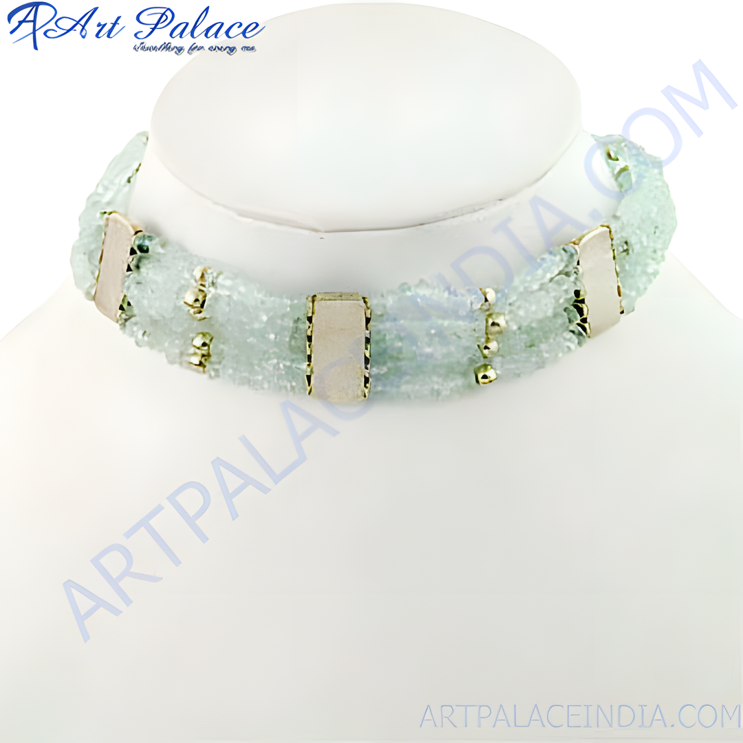 Aquamarine beaded choker necklace with silver accents on white background.