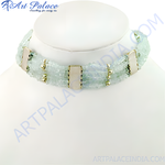 Load image into Gallery viewer, Aquamarine beaded choker necklace with silver accents on white background.
