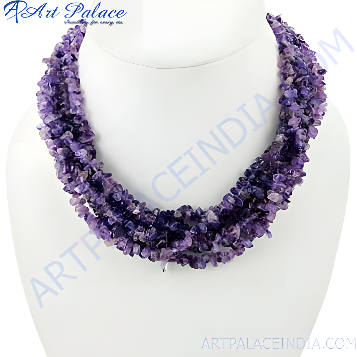 Amethyst chip bead necklace displayed on a white bust, showcasing the purple gemstones