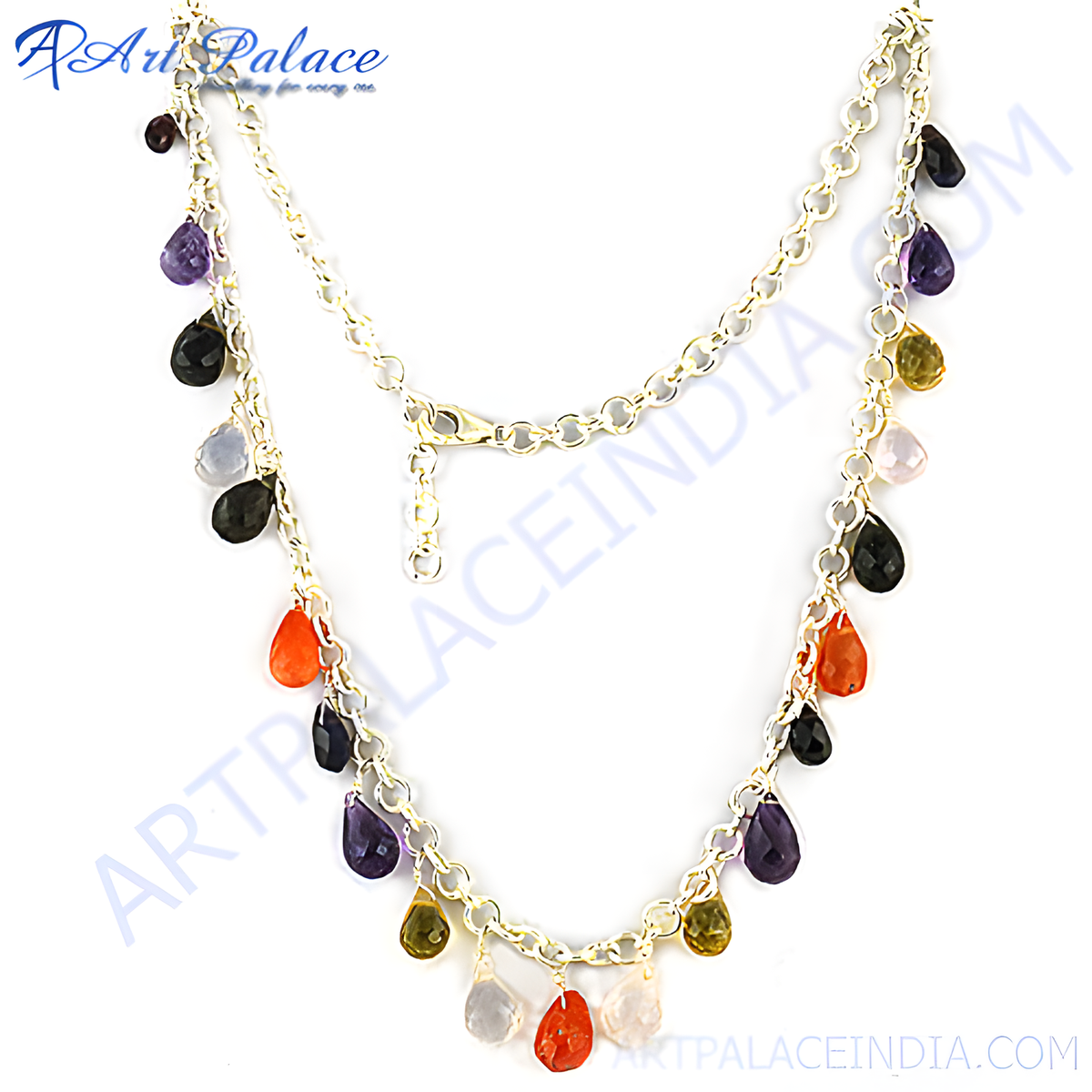 Sterling silver necklace featuring teardrop shaped gemstones of various colors