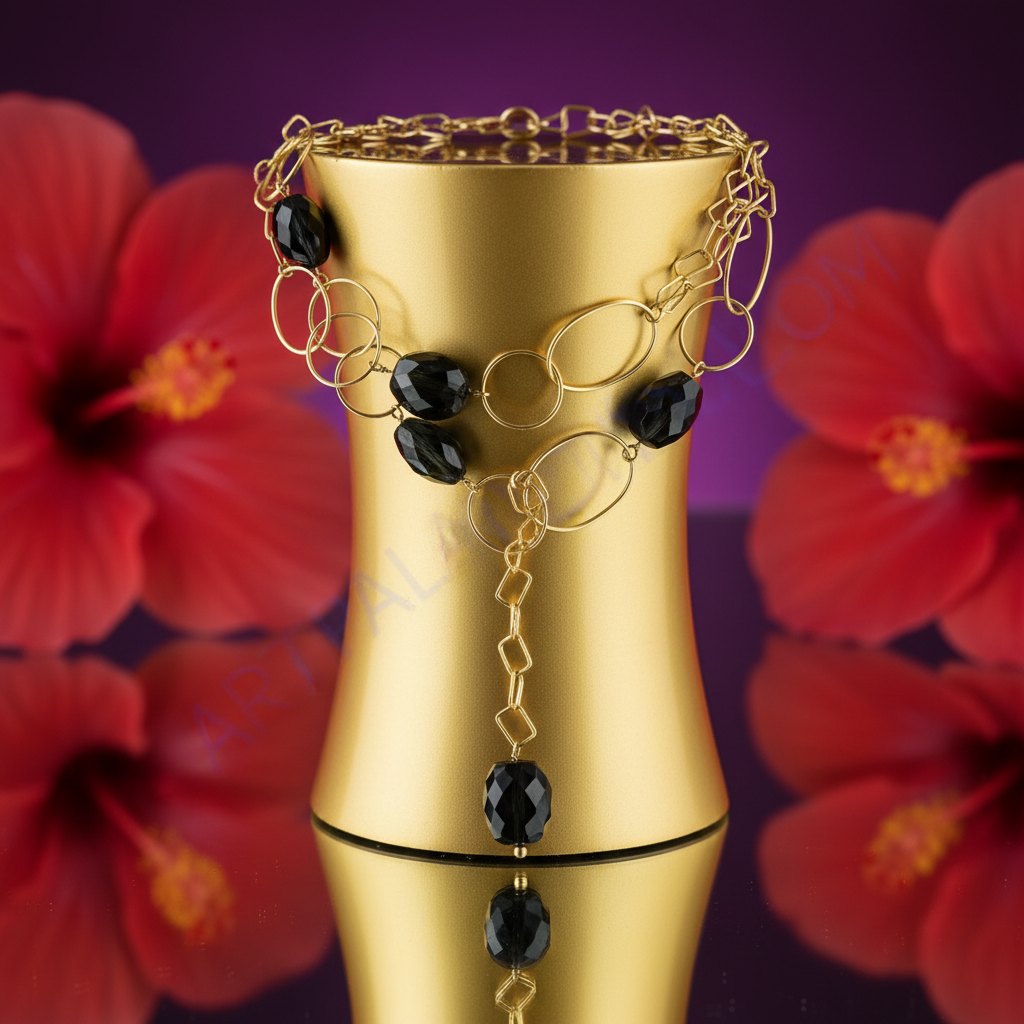 Black Beaded Lariat Necklace | Gold Chain | Women's Fashion Jewelry