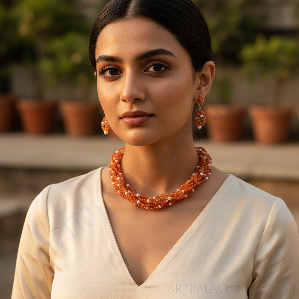 Orange Carnelian Bead Necklace with Pearl Accents | Gift for Her