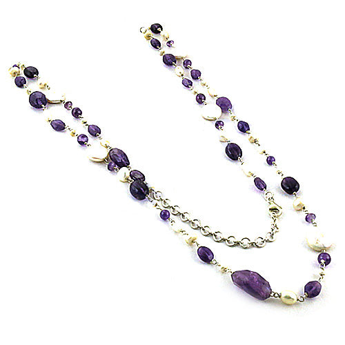 Amethyst & Pearl Beaded Necklace | Long Chain Necklace For Women