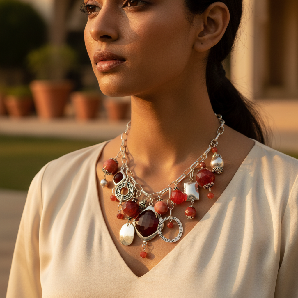 Silver Carnelian Gemstone Necklace for Women | Statement Jewelry