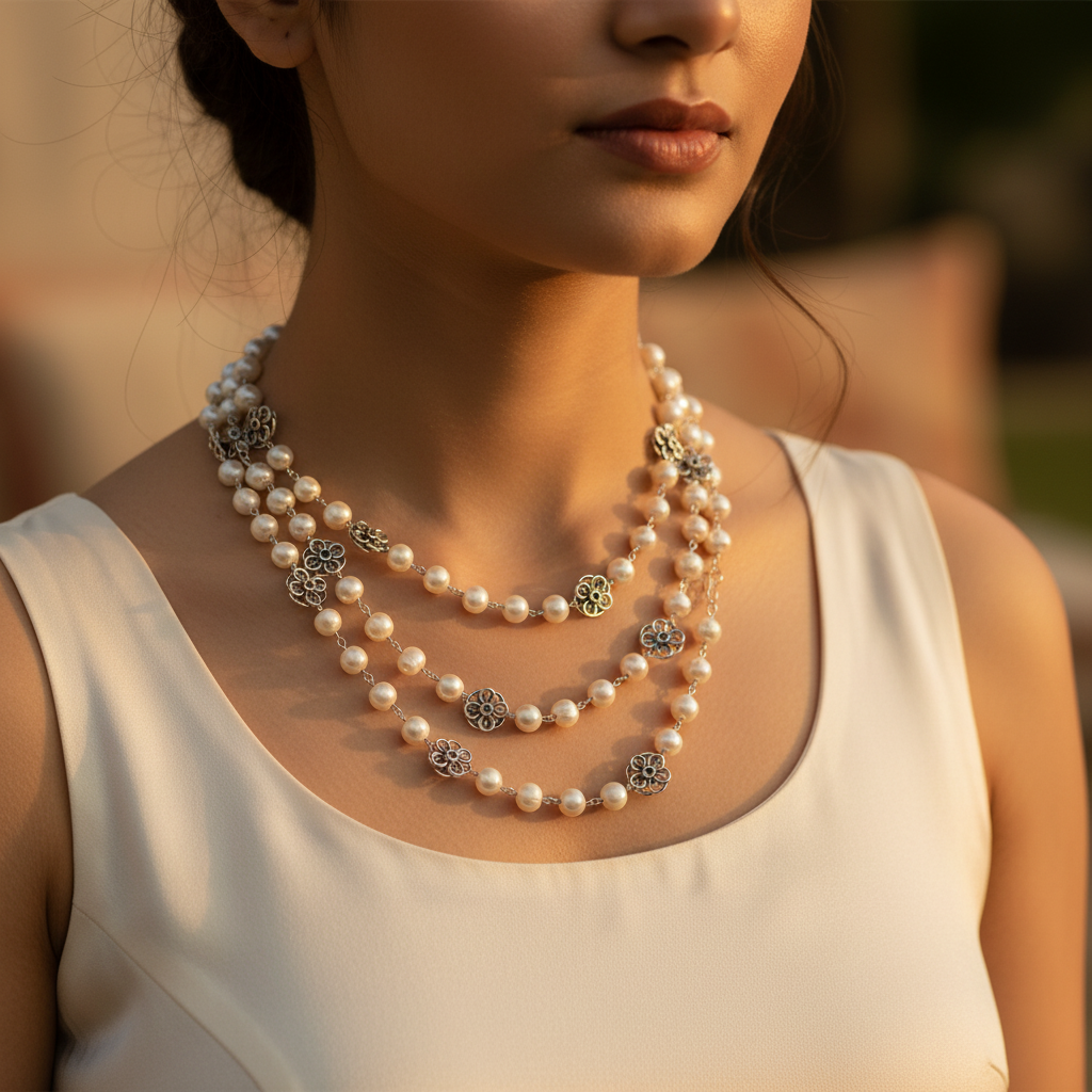 Pearl Layered Necklace with Floral Accents | Women's Fashion