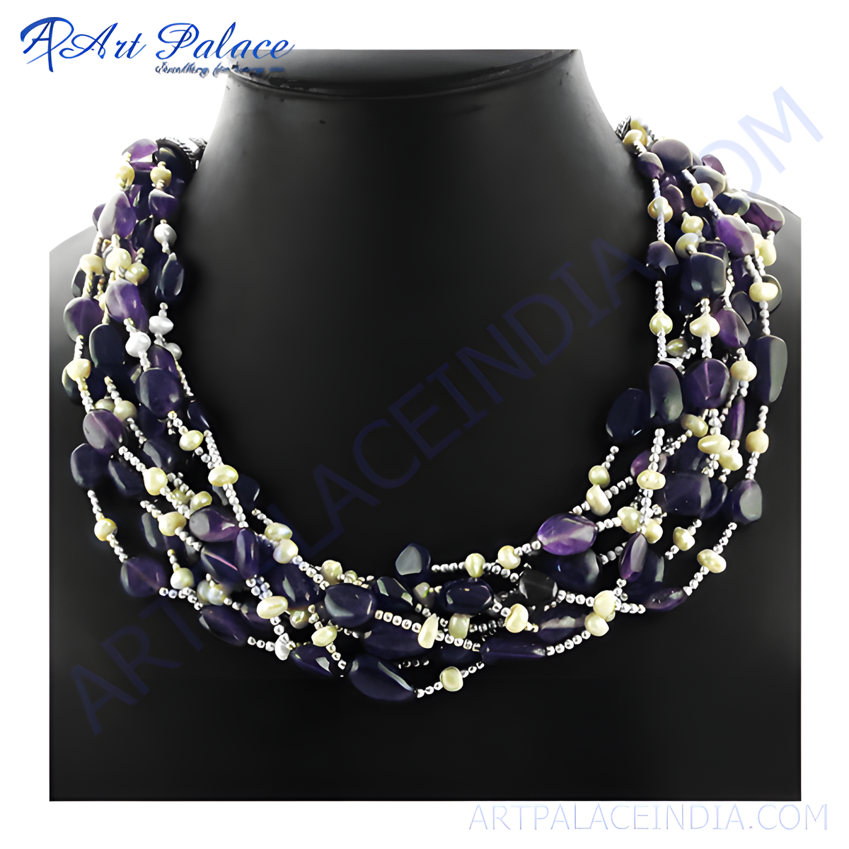 Multi strand amethyst and pearl beaded necklace on a black mannequin, showing off a deep purple gemstone