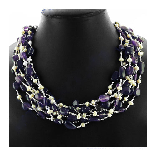 Amethyst & Pearl Beaded Necklace | Purple Gemstone Jewelry