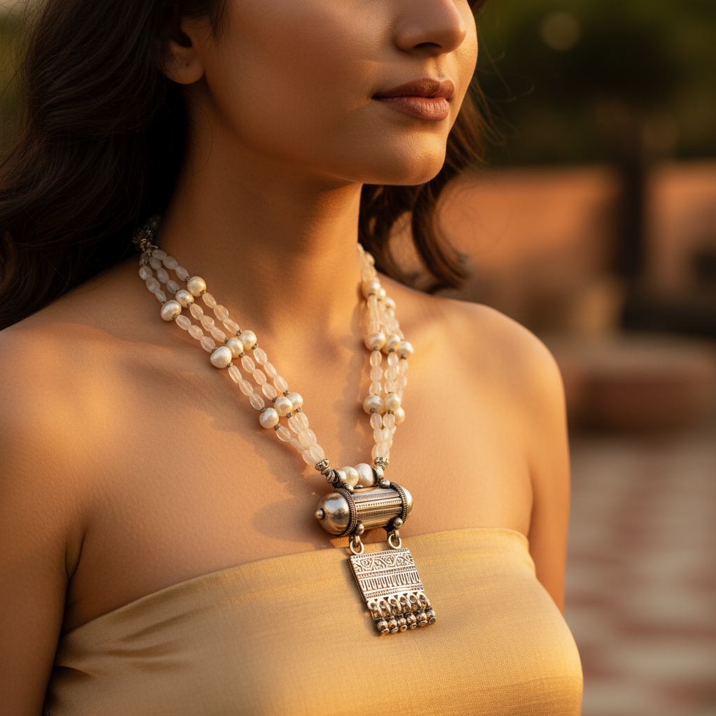 Silver Pearl Beaded Necklace | Handmade Statement Jewelry for Women