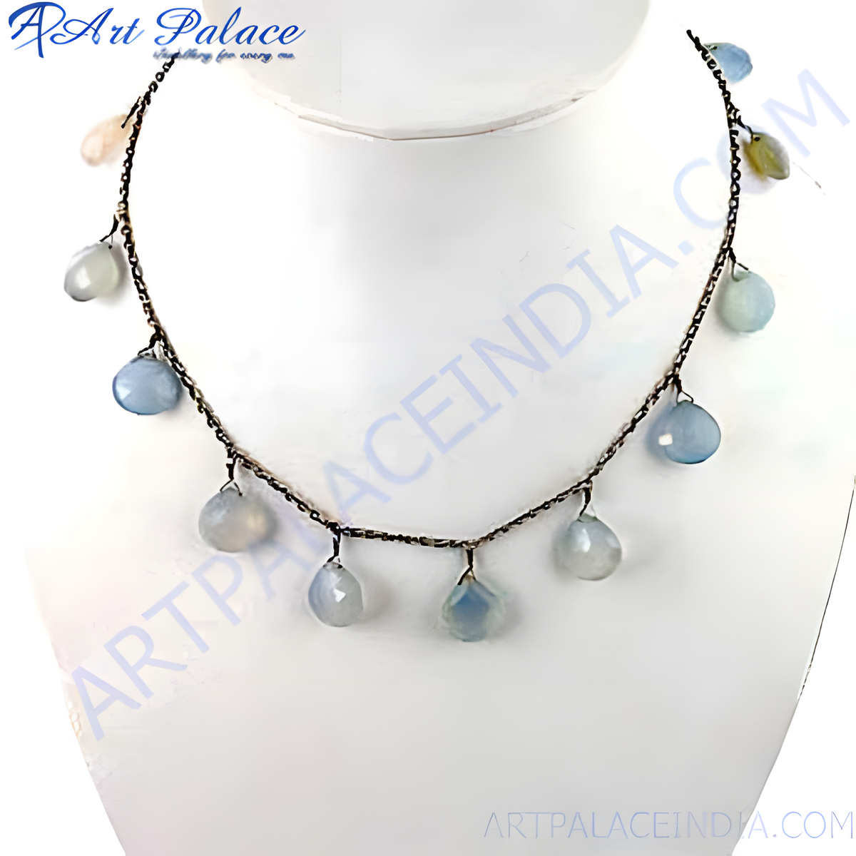 Silver dangle necklace with blue gemstones, perfect for women's jewelry collection