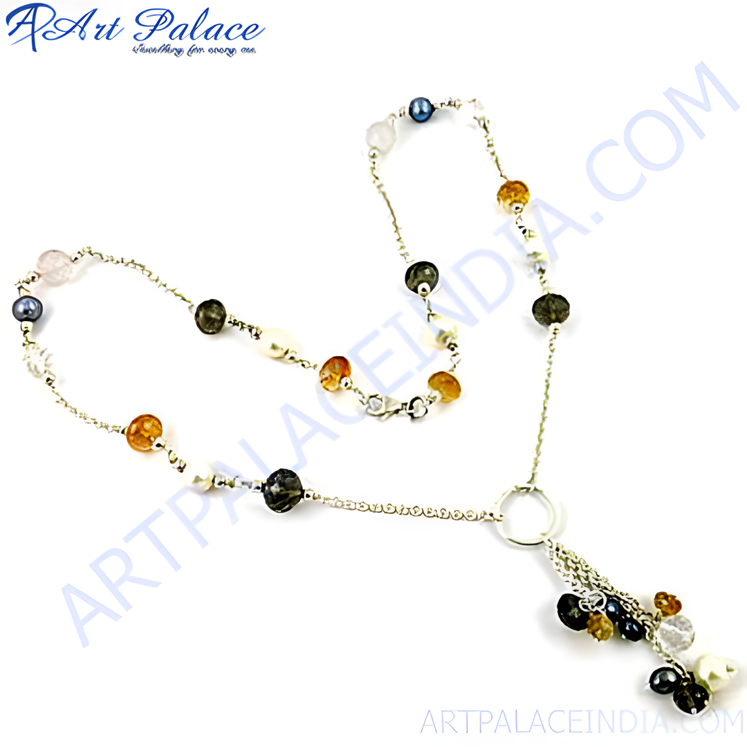 Sterling silver beaded necklace with various colorful gemstones, perfect for any occasion.