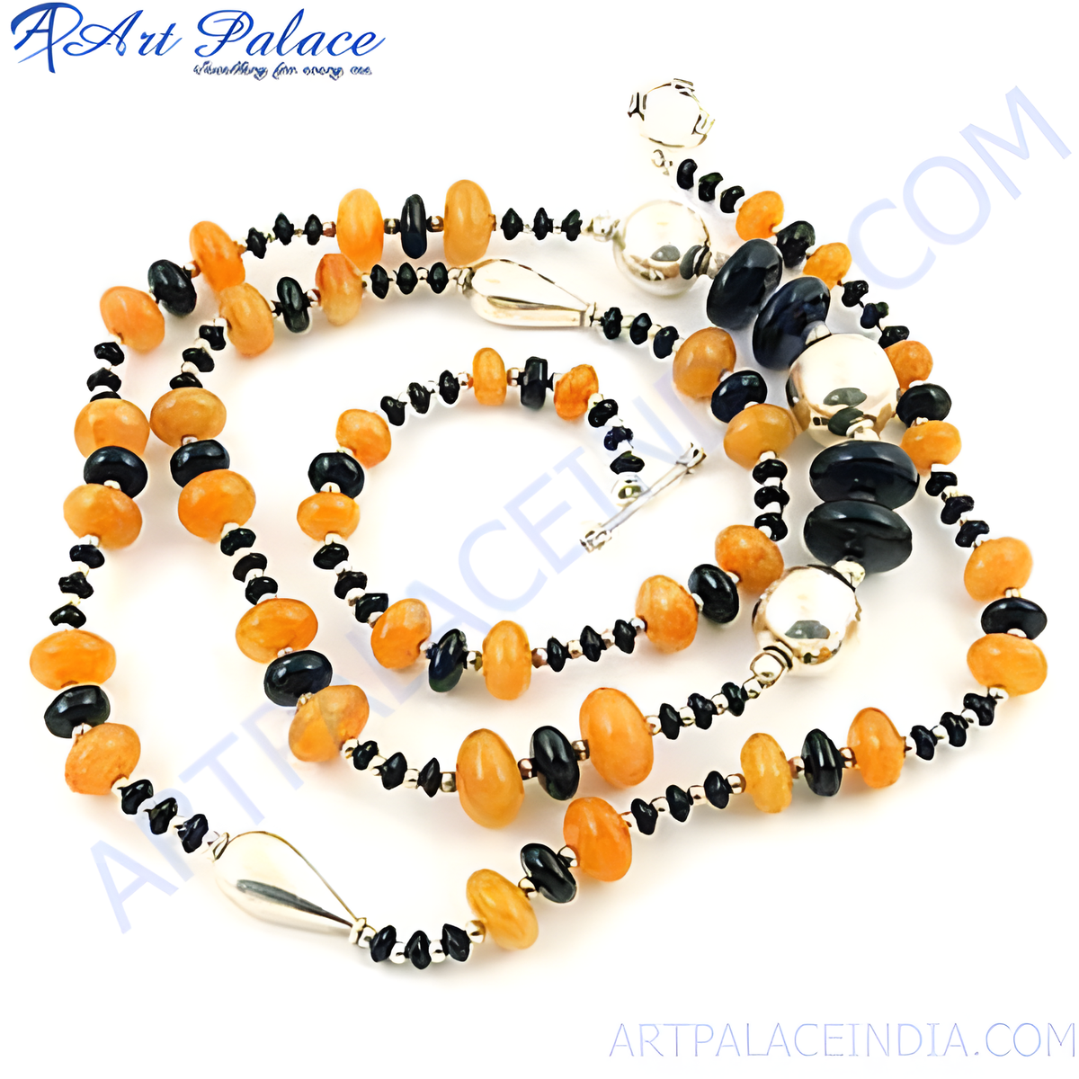 Sterling silver necklace featuring orange and black gemstones strung together