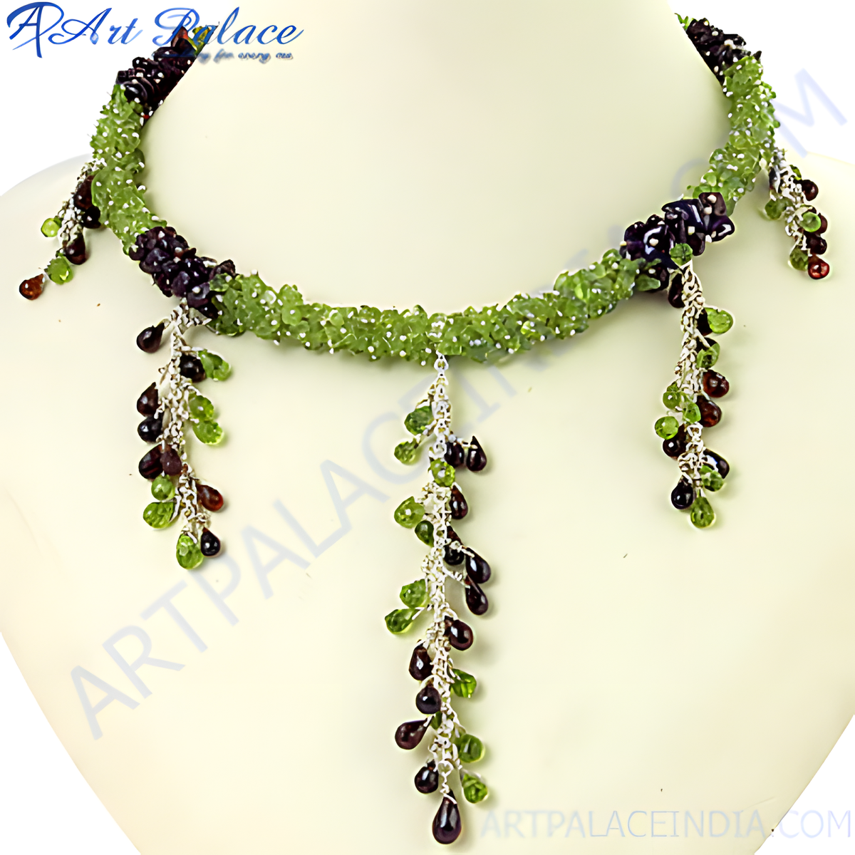 Green peridot and garnet beaded necklace with sterling silver accents