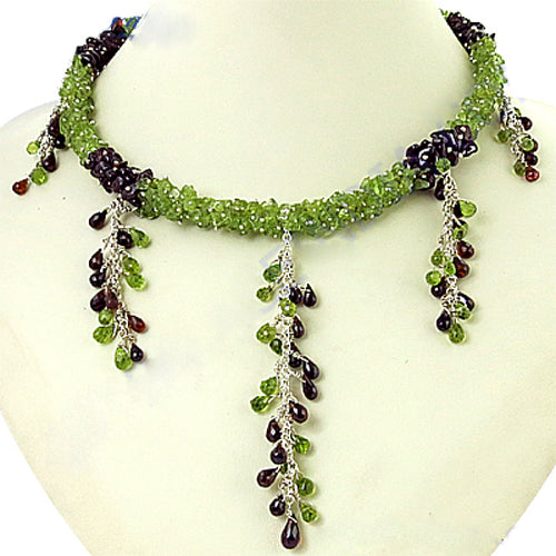 Green Peridot & Garnet Beaded Necklace for Women | Unique Jewelry