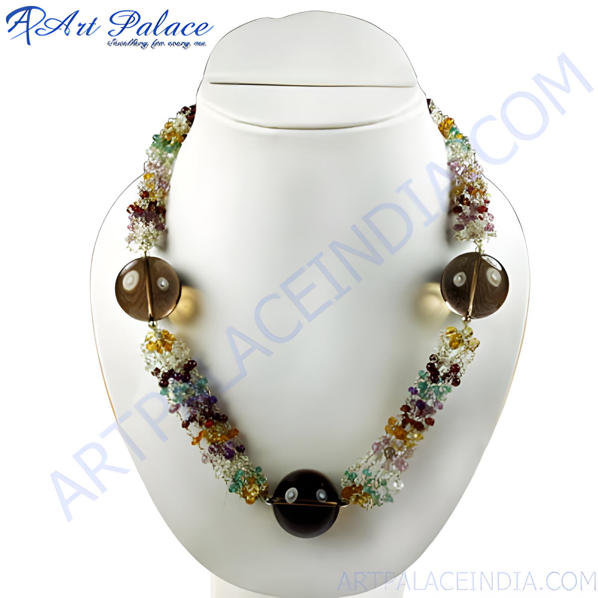 A colorful beaded statement necklace with various gemstones displayed on a white jewelry bust