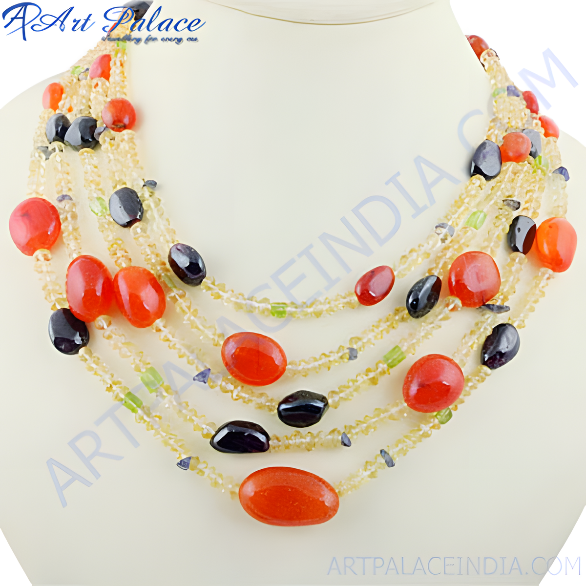 Multi strand necklace featuring red and black gemstones strung on a delicate chain, ideal for fashion forward wear