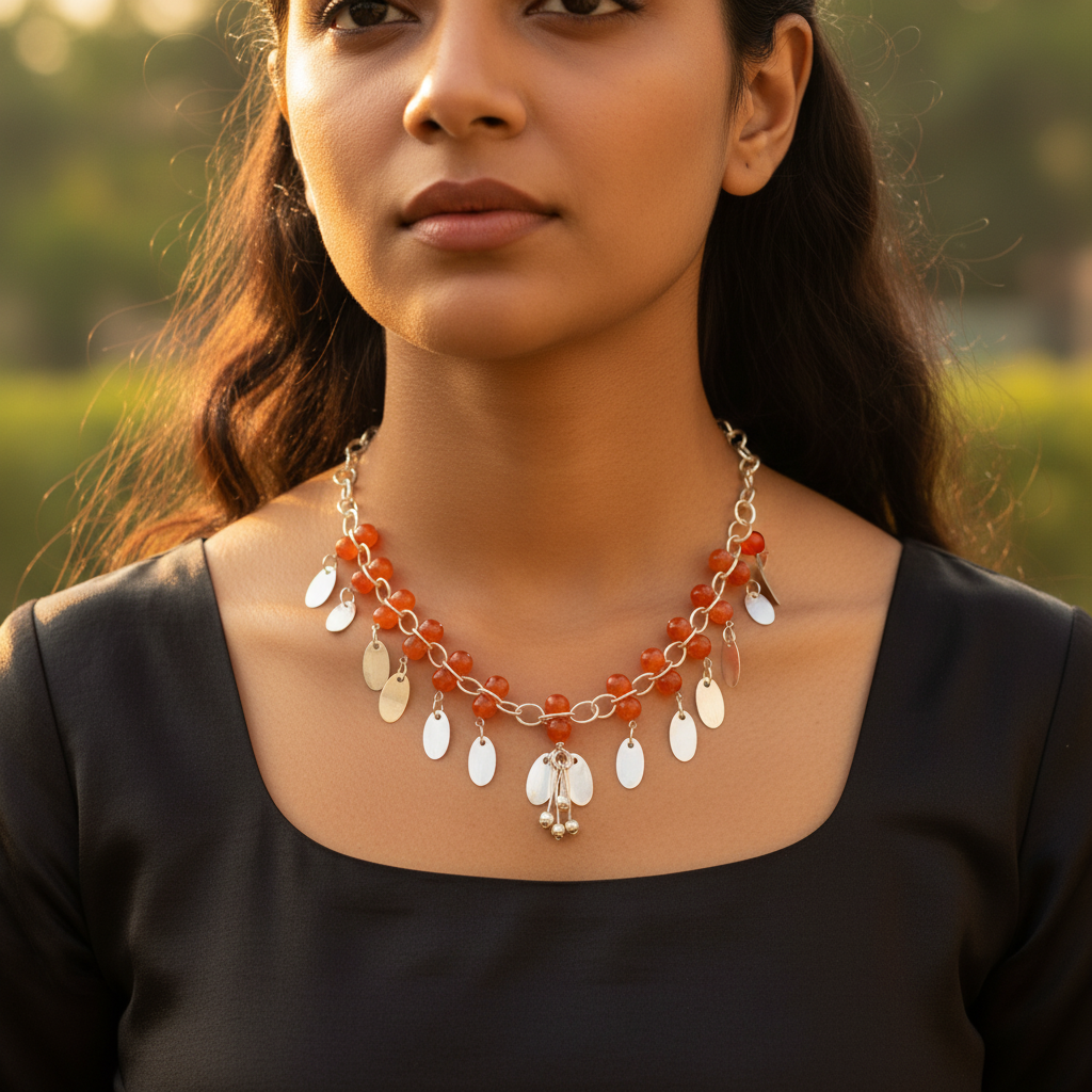 Silver beaded necklace with orange gemstones | women's jewelry