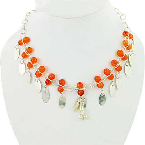 Silver Beaded Necklace with Orange Gemstones | Women's Jewelry