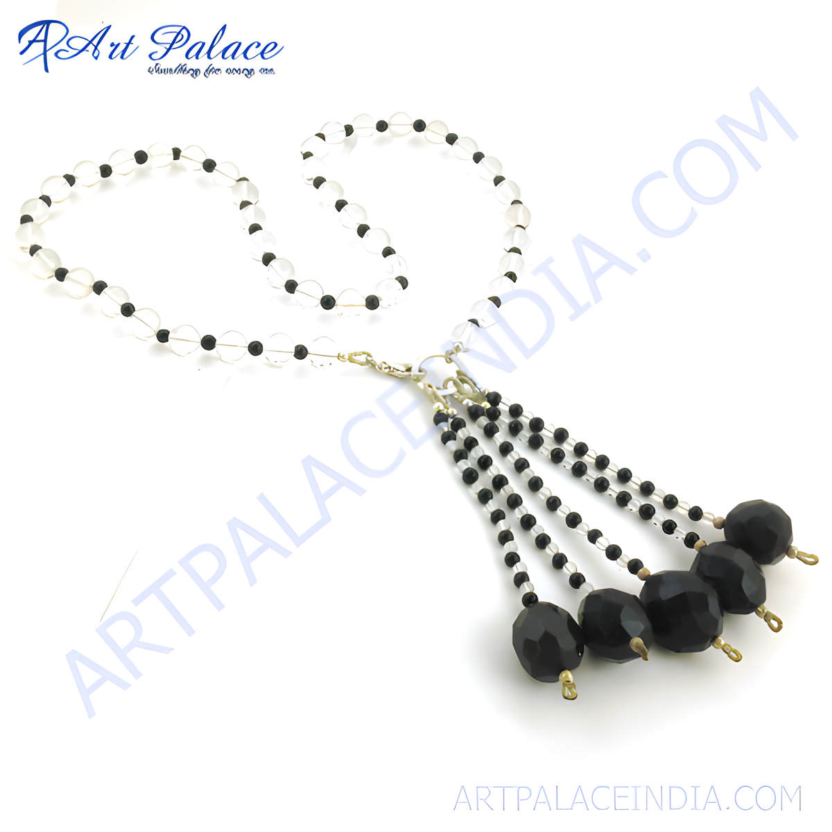 Clear quartz and onyx bead tassel necklace