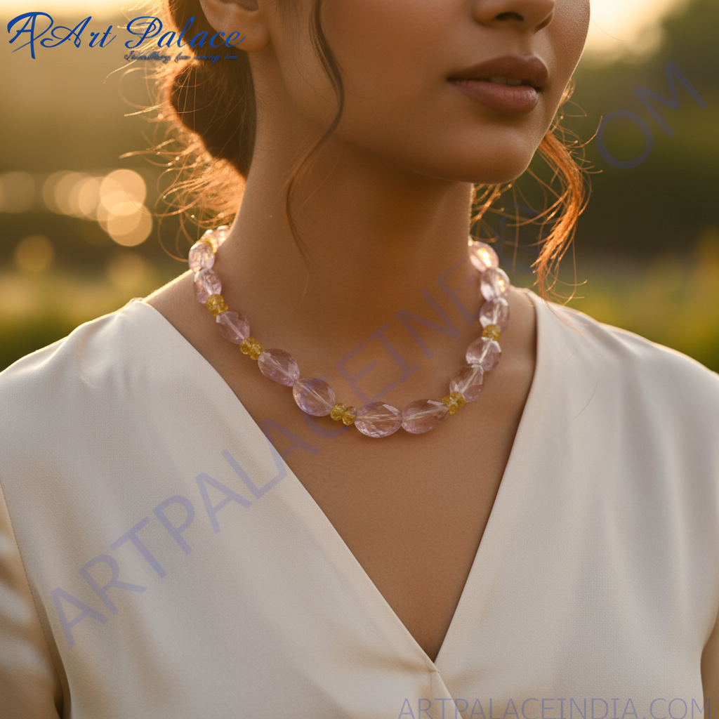 Gemstone Beaded Necklace | Pink & Yellow Quartz | Women's Jewelry