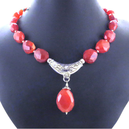 Red Carnelian Bead Necklace with Silver Pendant | Women's Jewelry