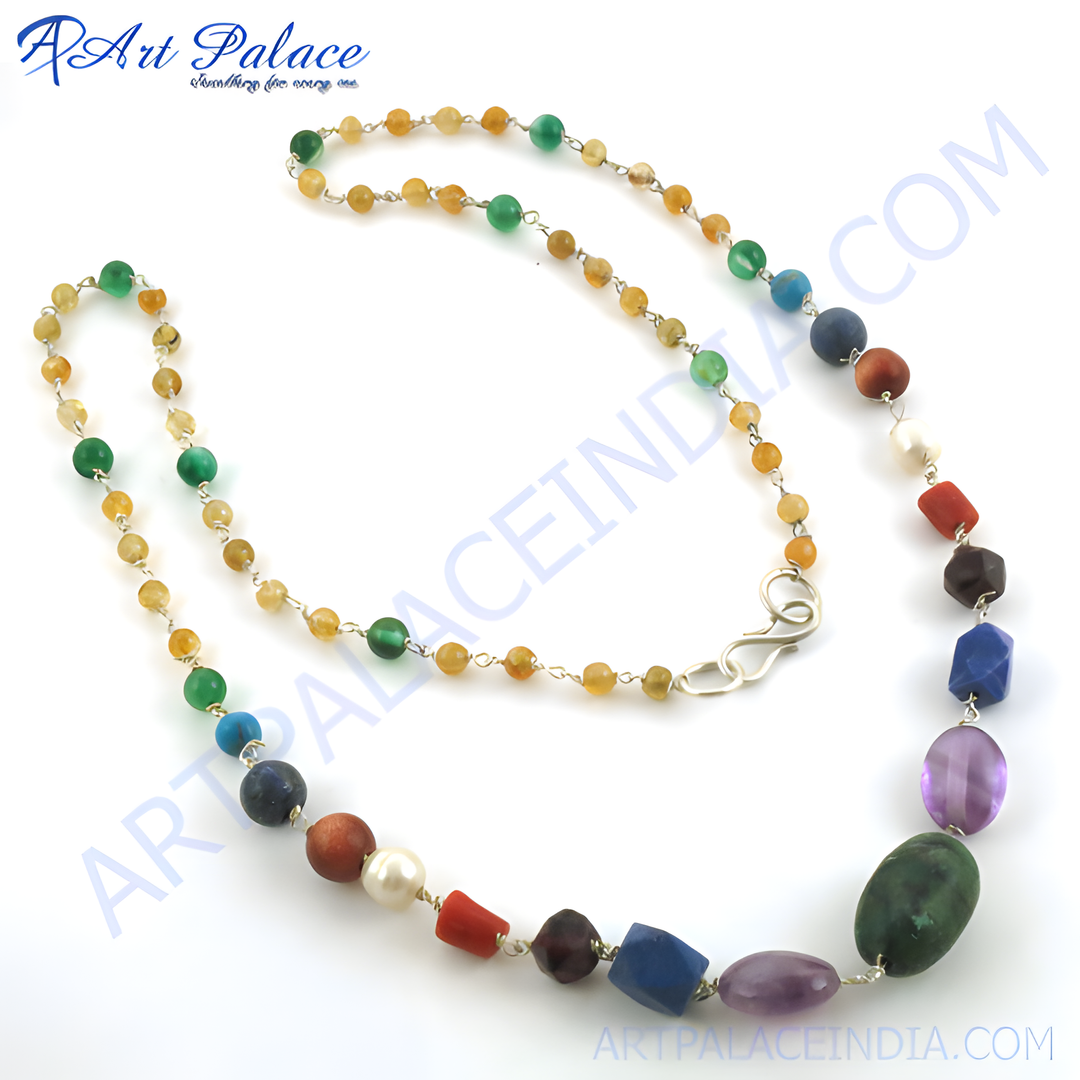 Multi-gemstone beaded necklace with sterling silver chain and clasp, featuring a variety of colorful stones.