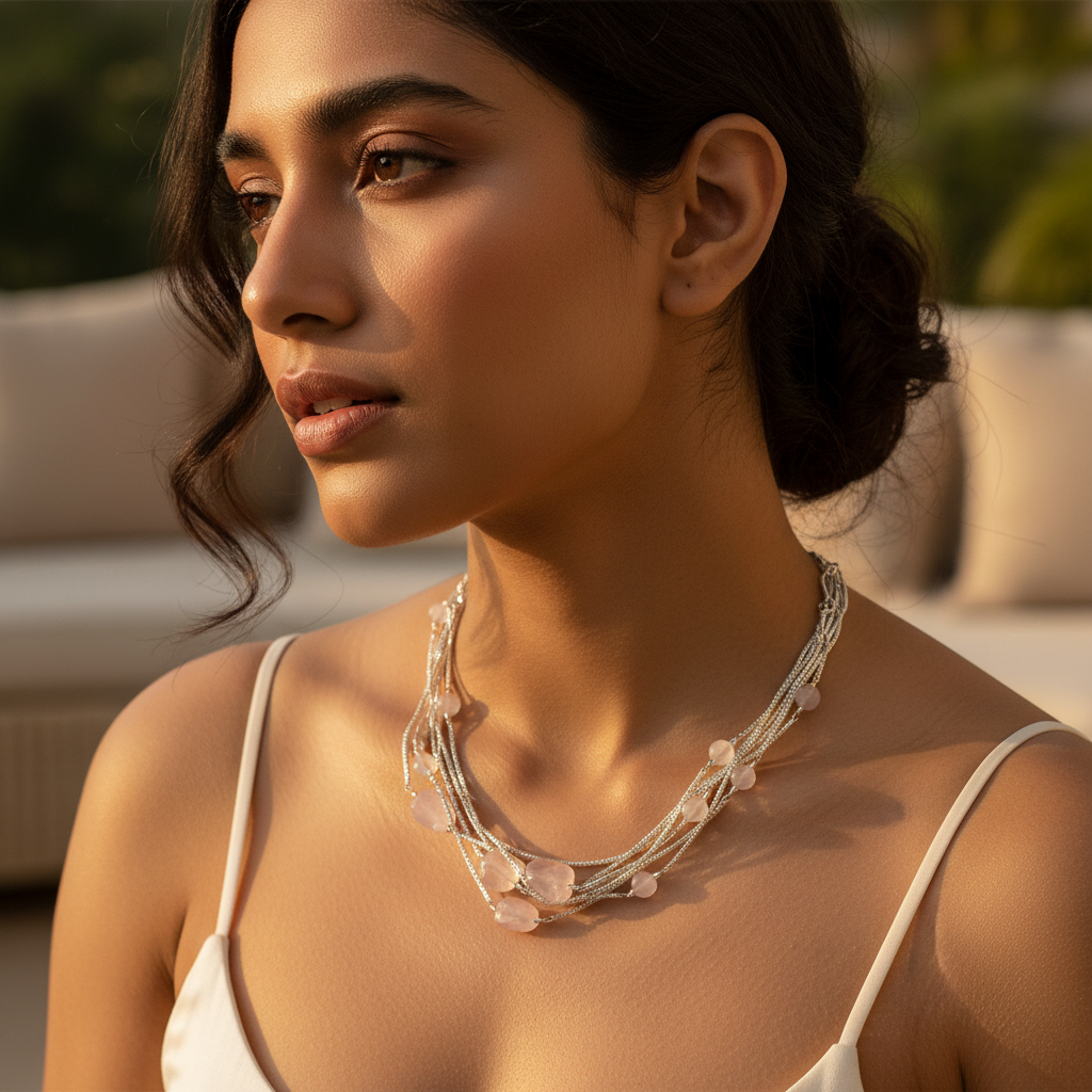 Silver Rose Quartz Necklace for Women | Gemstone Jewelry Gift