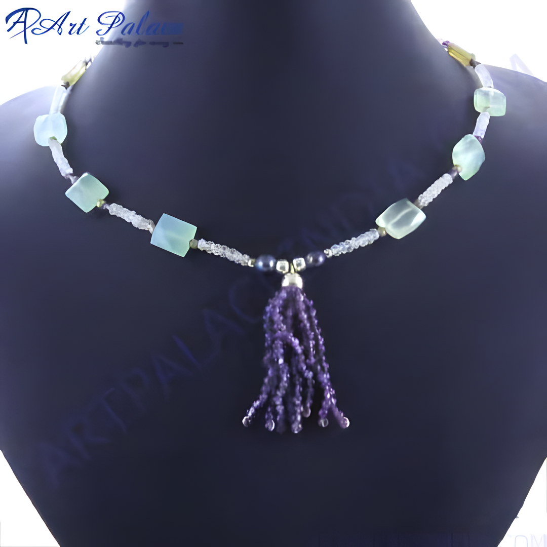 Artisan necklace featuring gemstones and a tassel pendant, perfect for women's fashion jewelry.